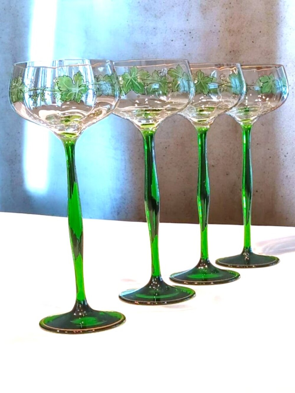 4 Theresienthal Enameled Hock Stemware Crystal Wine Glass Grapes & Leaves C1920